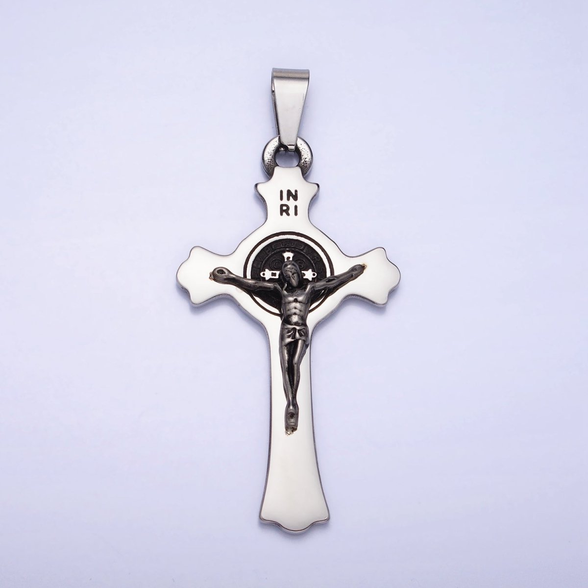 Stainless Steel Crucifix Cross SMQLIVB PAX VRSNSMV Saint Benedict Engraved Double Sided Pendant in Gold & Silver | P-1163
