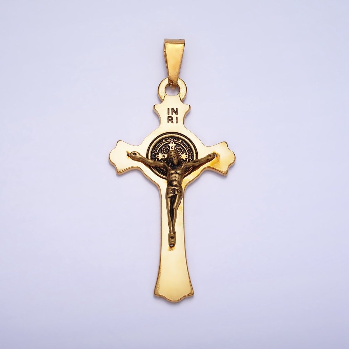 Stainless Steel Crucifix Cross SMQLIVB PAX VRSNSMV Saint Benedict Engraved Double Sided Pendant in Gold & Silver | P-1163