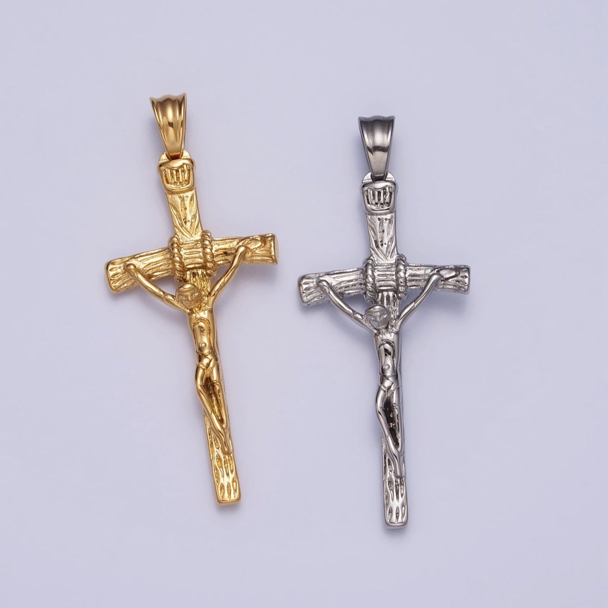 Stainless Steel Crucifix Cross Wood Textured Pendant in Silver & Gold P-1145