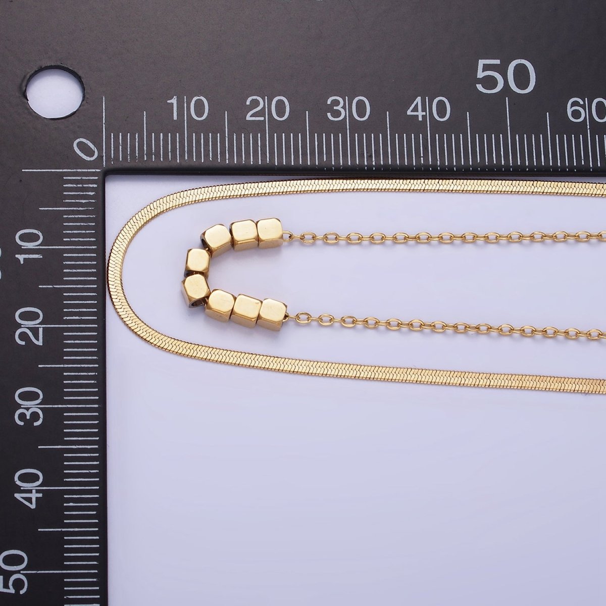 Stainless Steel Cube Cable Herringbone Chain Double Layer Necklace w. Extender in Gold & Silver | WA-2490 WA-2491