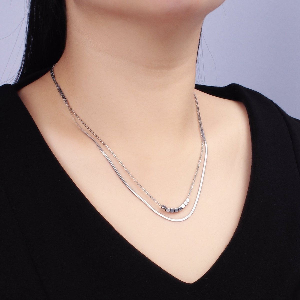 Stainless Steel Cube Cable Herringbone Chain Double Layer Necklace w. Extender in Gold & Silver | WA-2490 WA-2491