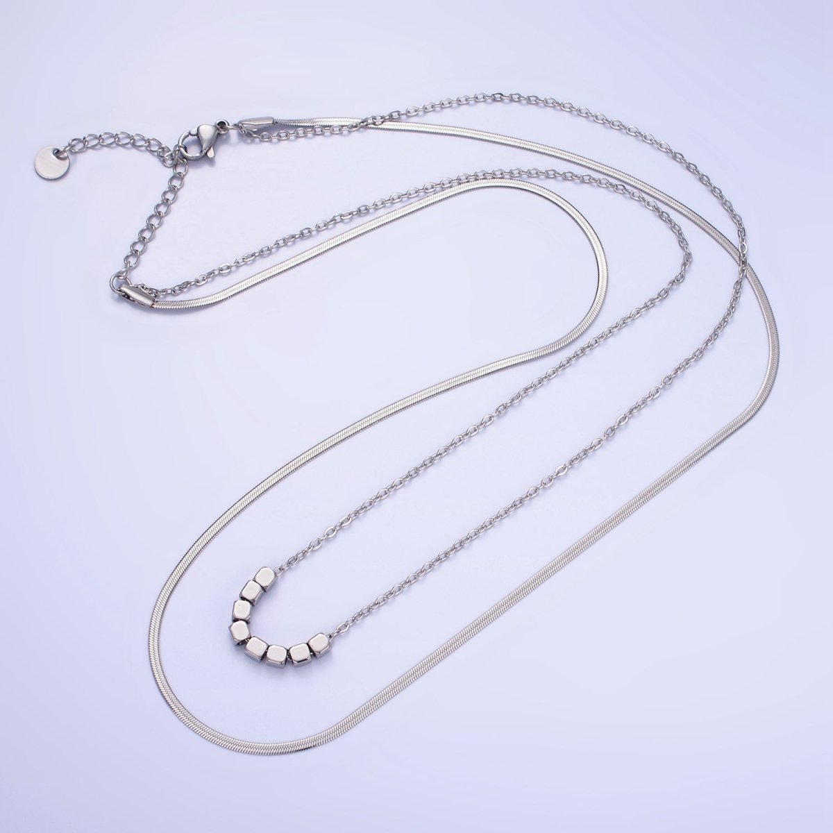 Stainless Steel Cube Cable Herringbone Chain Double Layer Necklace w. Extender in Gold & Silver | WA-2490 WA-2491
