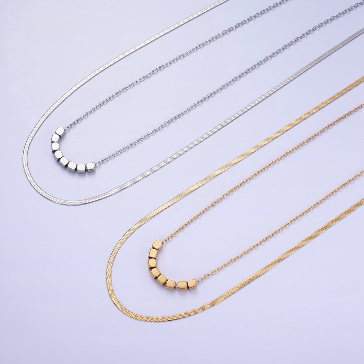 Stainless Steel Cube Cable Herringbone Chain Double Layer Necklace w. Extender in Gold & Silver | WA-2490 WA-2491