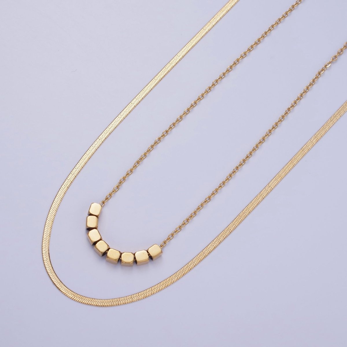 Stainless Steel Cube Cable Herringbone Chain Double Layer Necklace w. Extender in Gold & Silver | WA-2490 WA-2491