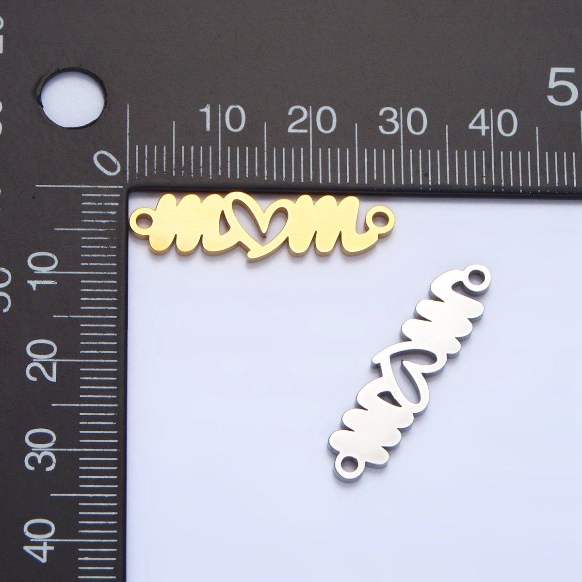 Stainless Steel Cursive "Mom" Heart Charm Connector in Gold & Silver | G-457