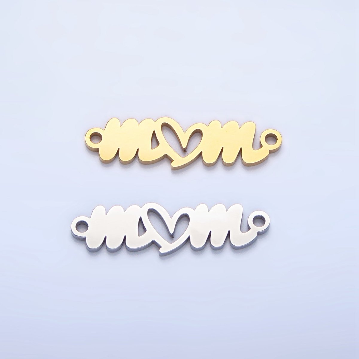 Stainless Steel Cursive "Mom" Heart Charm Connector in Gold & Silver | G-457