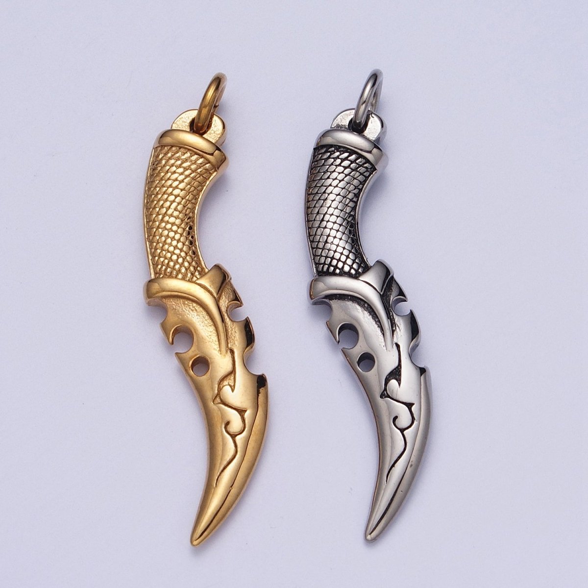 Stainless Steel Curved Engraved Dagger Knife Charm in Gold & Silver J-460 J-461