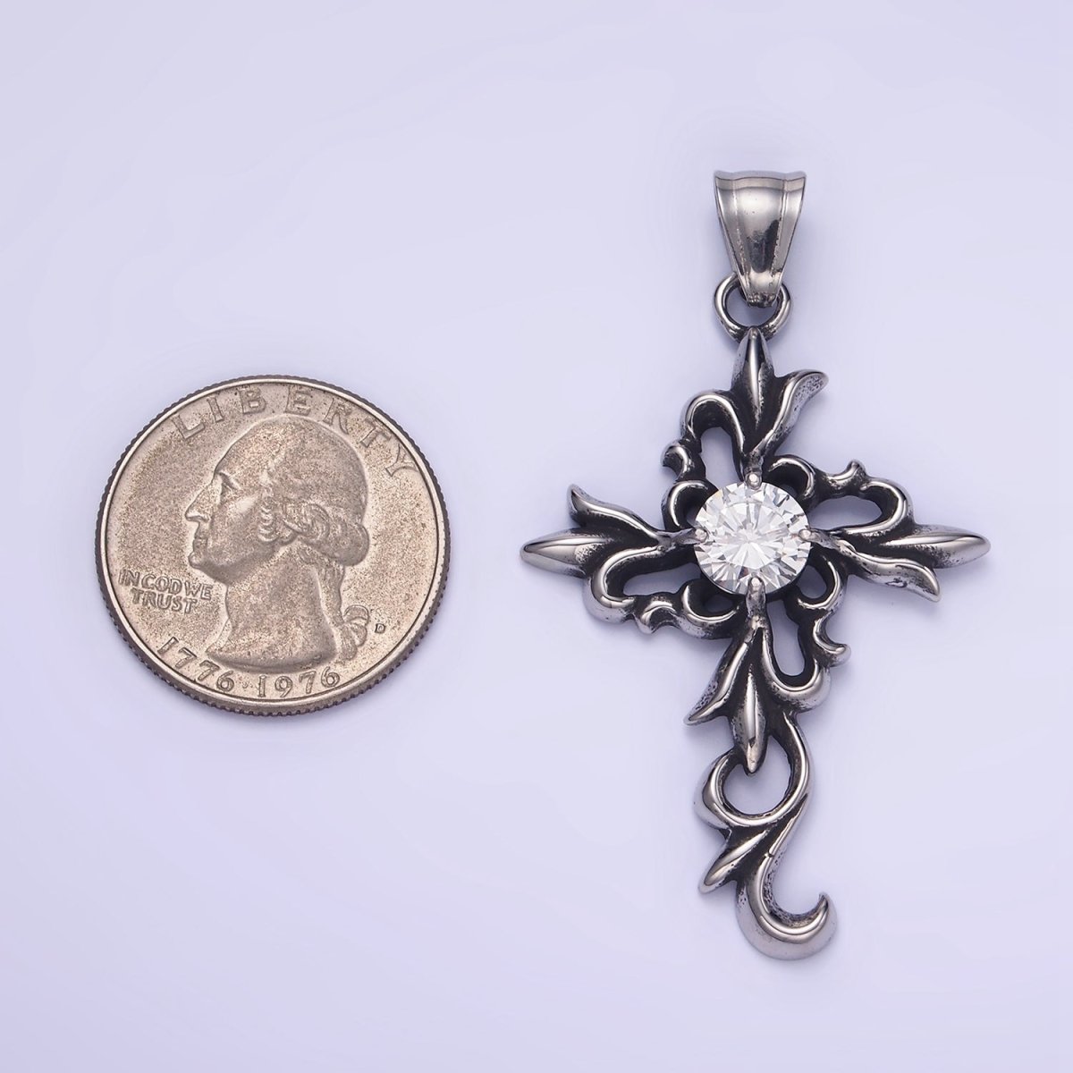 Stainless Steel CZ Elaborate Artisan Cross Oxidized Silver Pendant | P1422 - DLUXCA