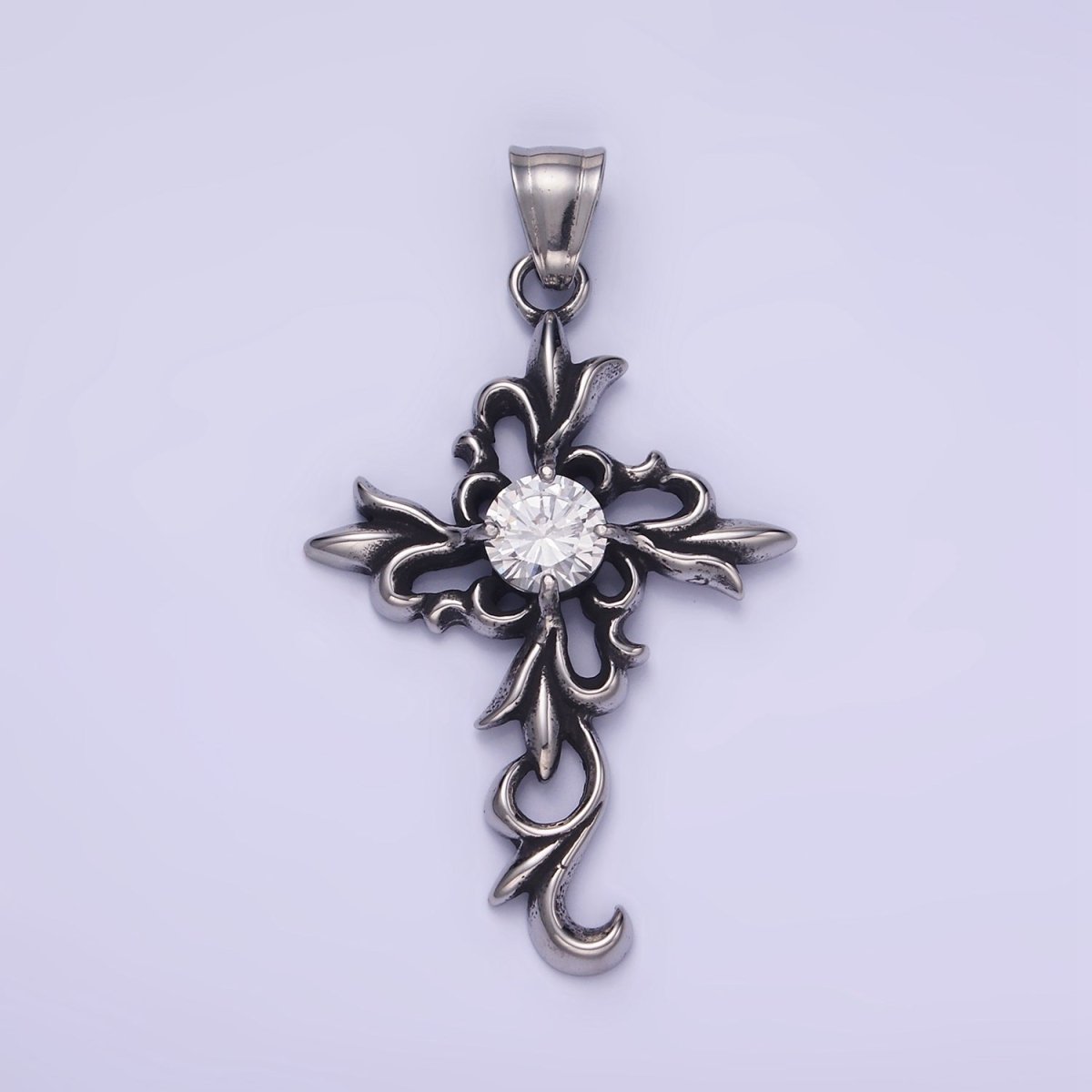 Stainless Steel CZ Elaborate Artisan Cross Oxidized Silver Pendant | P1422 - DLUXCA