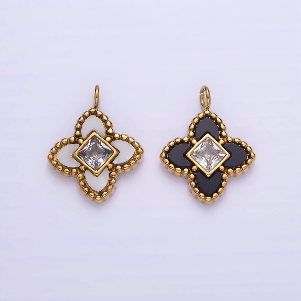 Stainless Steel CZ Four-Leaf Petal Flower Micro Paved Mini Add-On Charm Black White Enamel Charm P1381