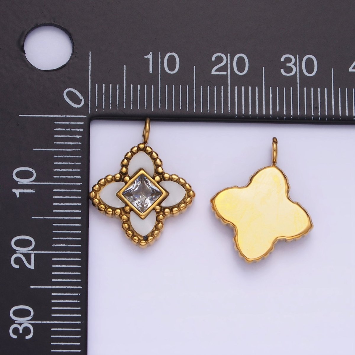 Stainless Steel CZ Four-Leaf Petal Flower Micro Paved Mini Add-On Charm Black White Enamel Charm P1381