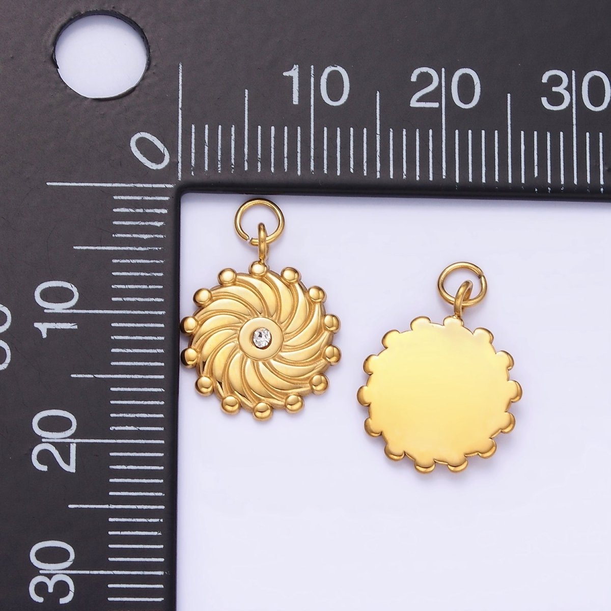 Stainless Steel CZ Lined Spiral Dotted Round Charm | P963 - DLUXCA