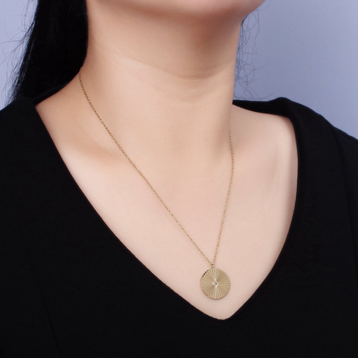 Stainless Steel CZ Lined Sunburst Round Charm 20 Inch Cable Chain Layering Necklace | WA-2036 Clearance Pricing - DLUXCA