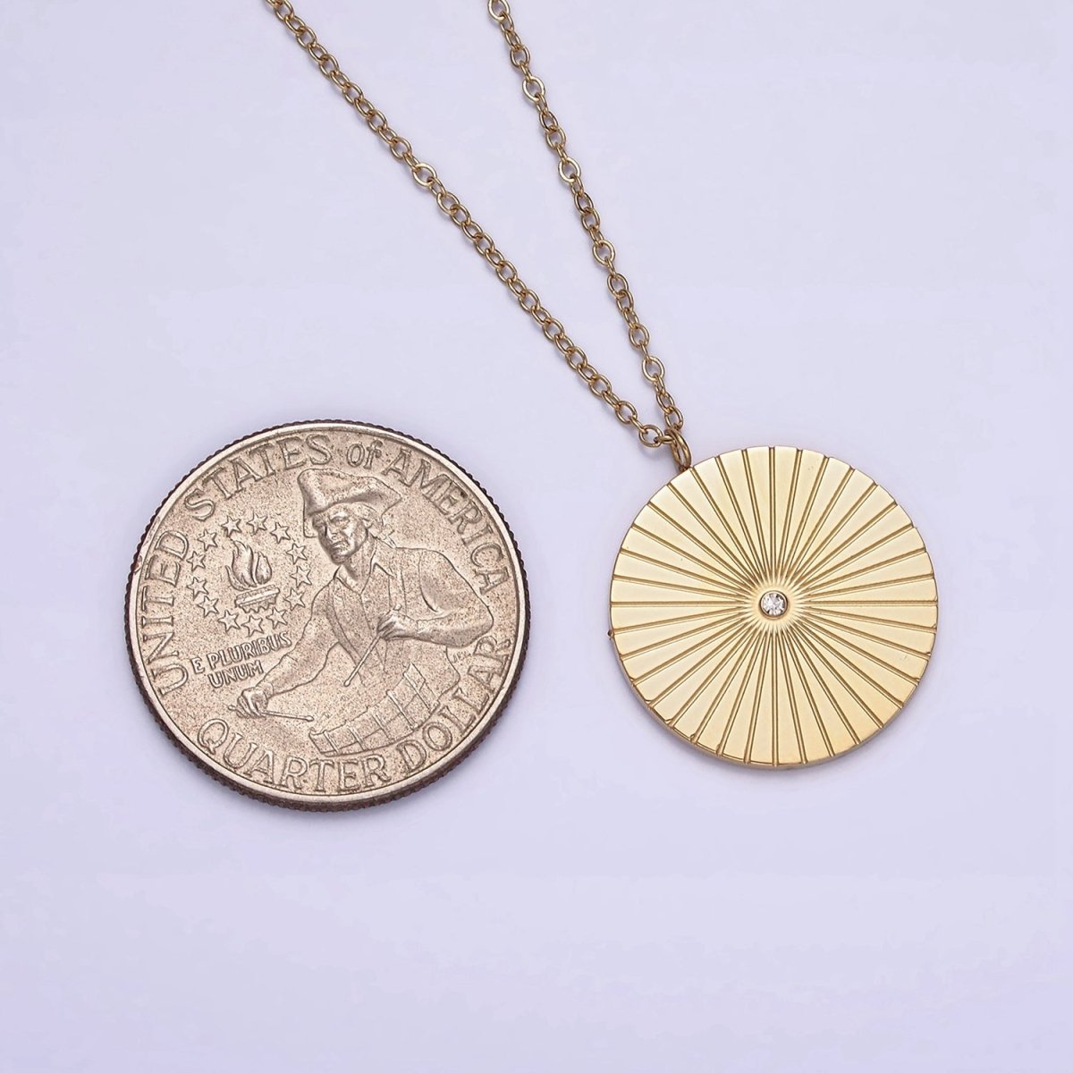 Stainless Steel CZ Lined Sunburst Round Charm 20 Inch Cable Chain Layering Necklace | WA-2036 Clearance Pricing - DLUXCA