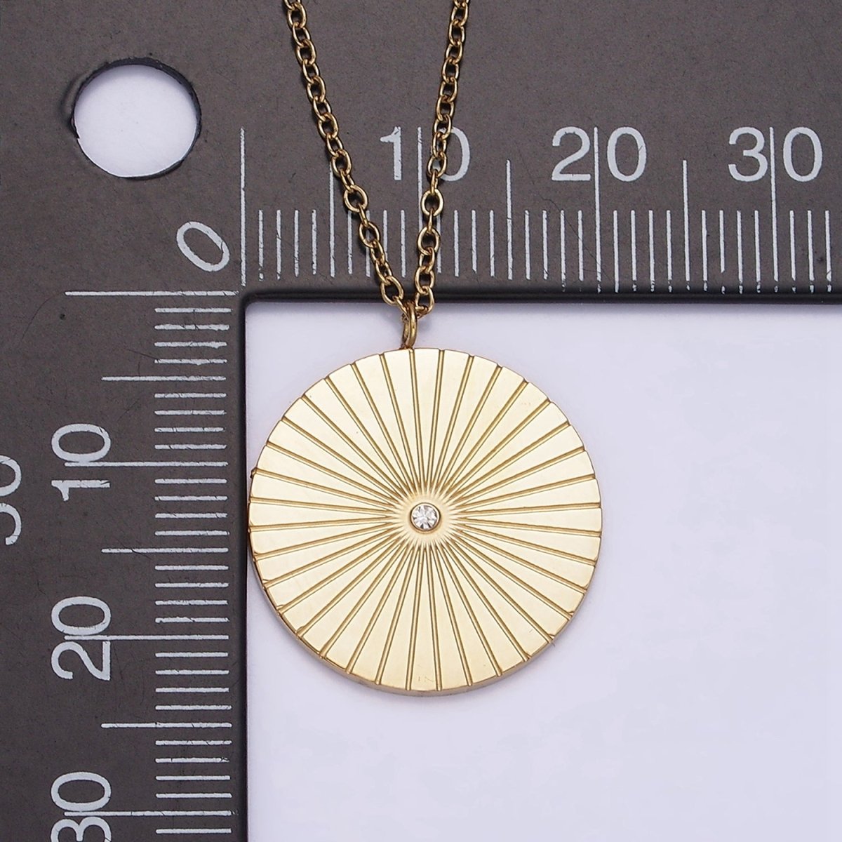 Stainless Steel CZ Lined Sunburst Round Charm 20 Inch Cable Chain Layering Necklace | WA-2036 Clearance Pricing - DLUXCA