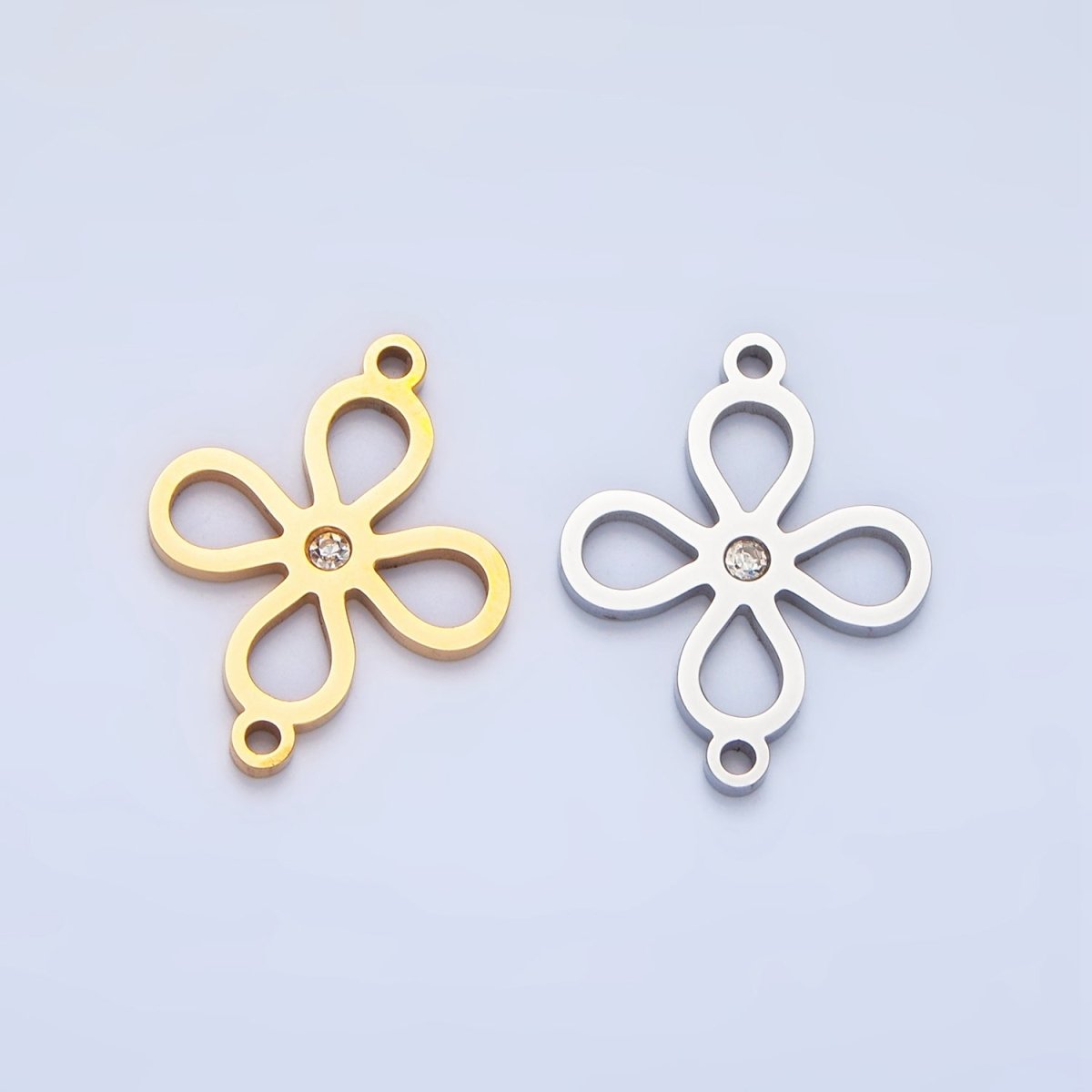 Stainless Steel CZ Lucky Charm Four Leaf Clover Charm Connector in Gold & Silver | F-412