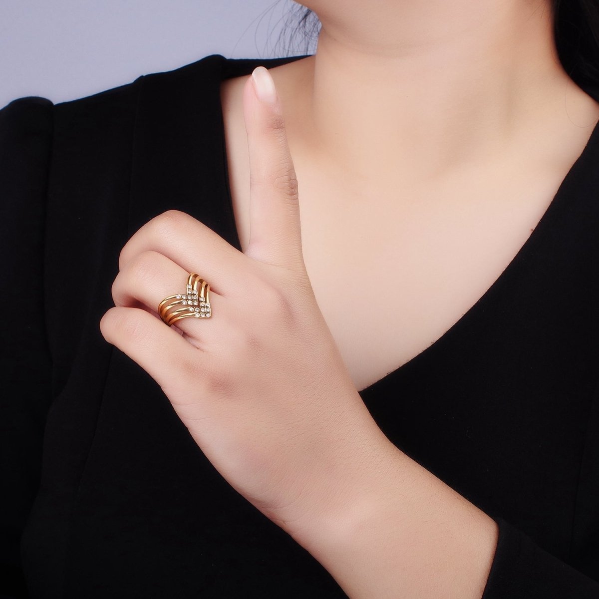 Stainless Steel CZ Micro Paved Dotted Multiple Band Chevron Ring | O1282 - DLUXCA