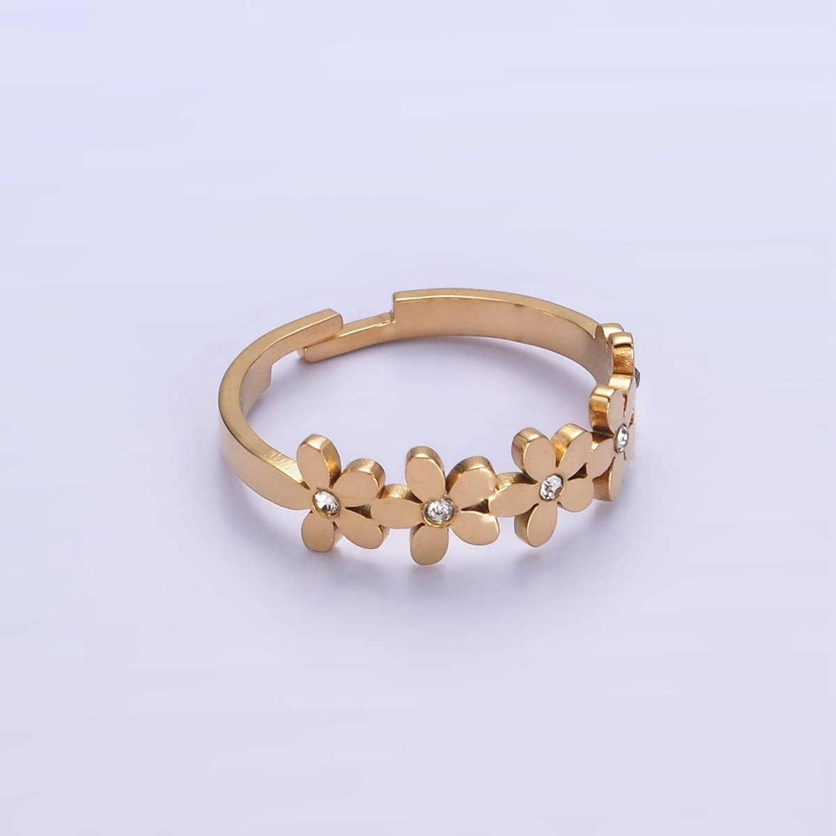 Stainless Steel CZ Multiple Flower Lined Adjustable Ring | O1303