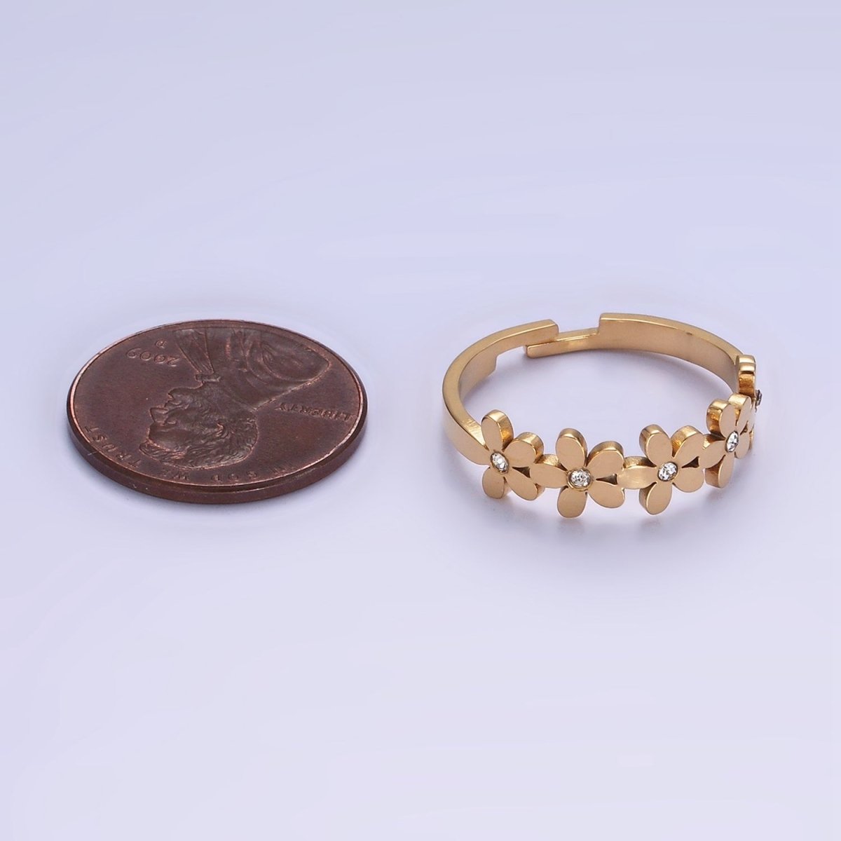 Stainless Steel CZ Multiple Flower Lined Adjustable Ring | O1303