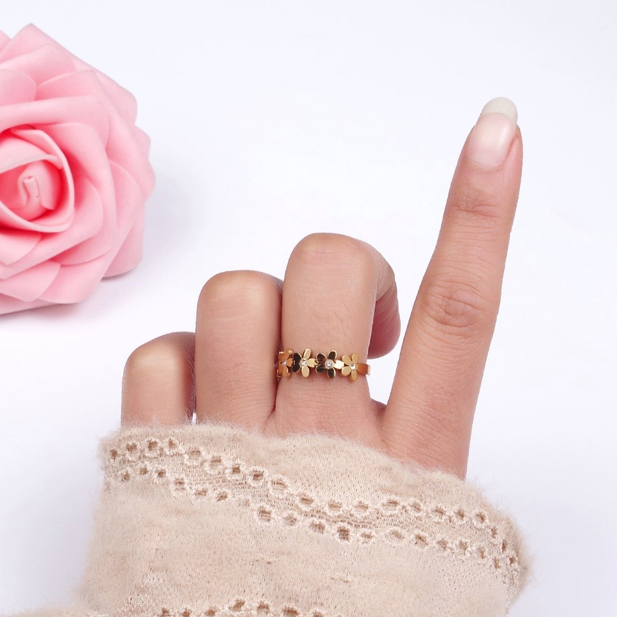 Stainless Steel CZ Multiple Flower Lined Adjustable Ring | O1303
