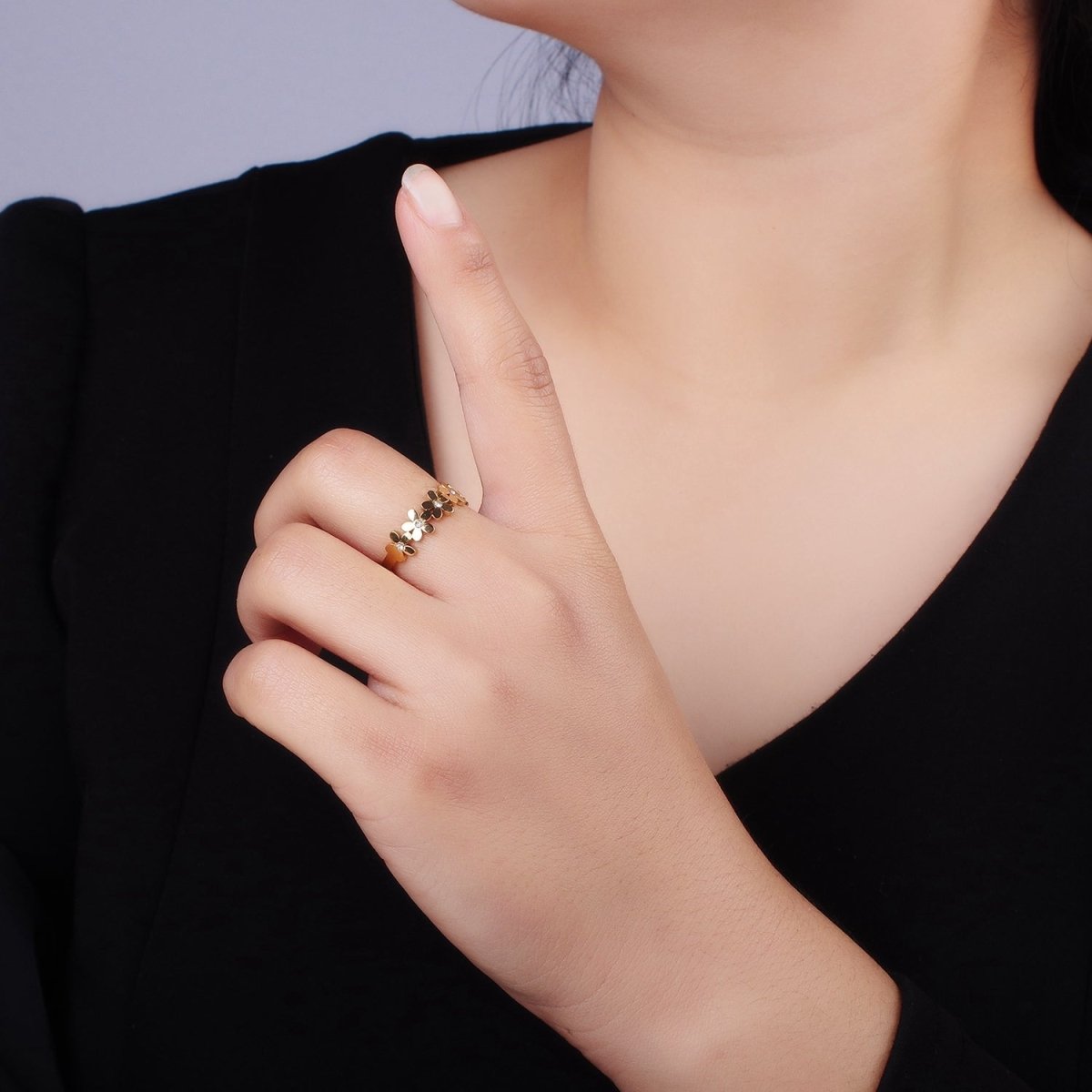 Stainless Steel CZ Multiple Flower Lined Adjustable Ring | O1303