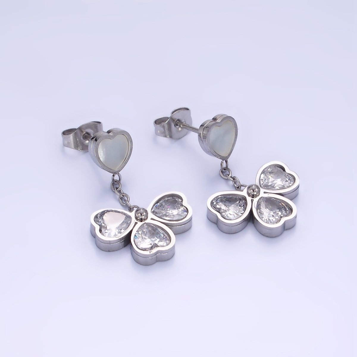 Stainless Steel CZ Petal Flower Shell Pearl Heart Drop Stud Earrings in Gold & Silver | AE475 AE476