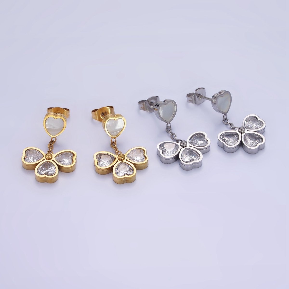 Stainless Steel CZ Petal Flower Shell Pearl Heart Drop Stud Earrings in Gold & Silver | AE475 AE476