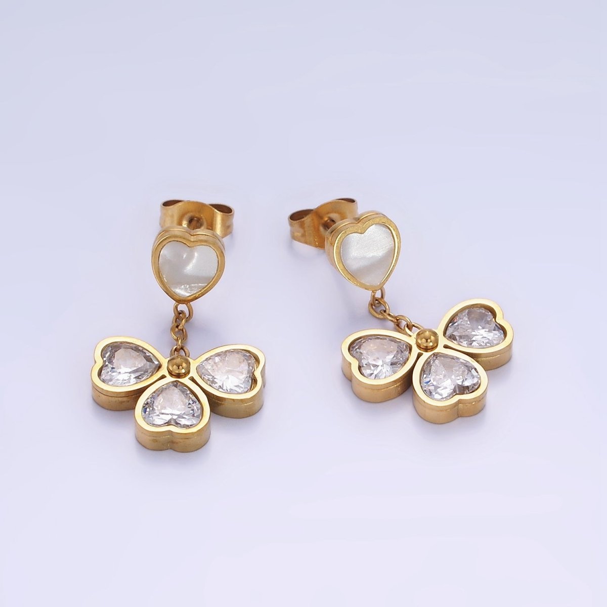 Stainless Steel CZ Petal Flower Shell Pearl Heart Drop Stud Earrings in Gold & Silver | AE475 AE476