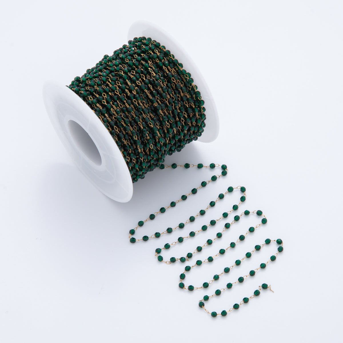 Stainless Steel Dark Green Multifaceted Round Gemstone Cable Unfinished Chain by Yard | Roll - 1611 - DLUXCA