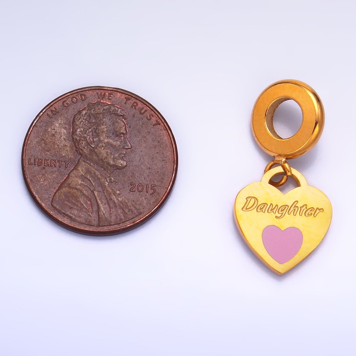 Stainless Steel "Daughter" Script Enamel Heart Padlock Rhondelle Drop Charm | P751 - DLUXCA