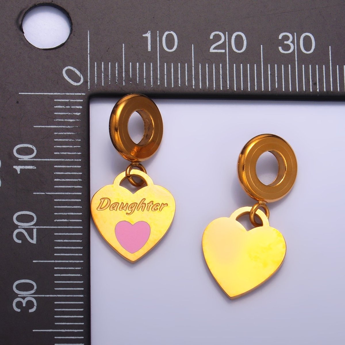 Stainless Steel "Daughter" Script Enamel Heart Padlock Rhondelle Drop Charm | P751 - DLUXCA