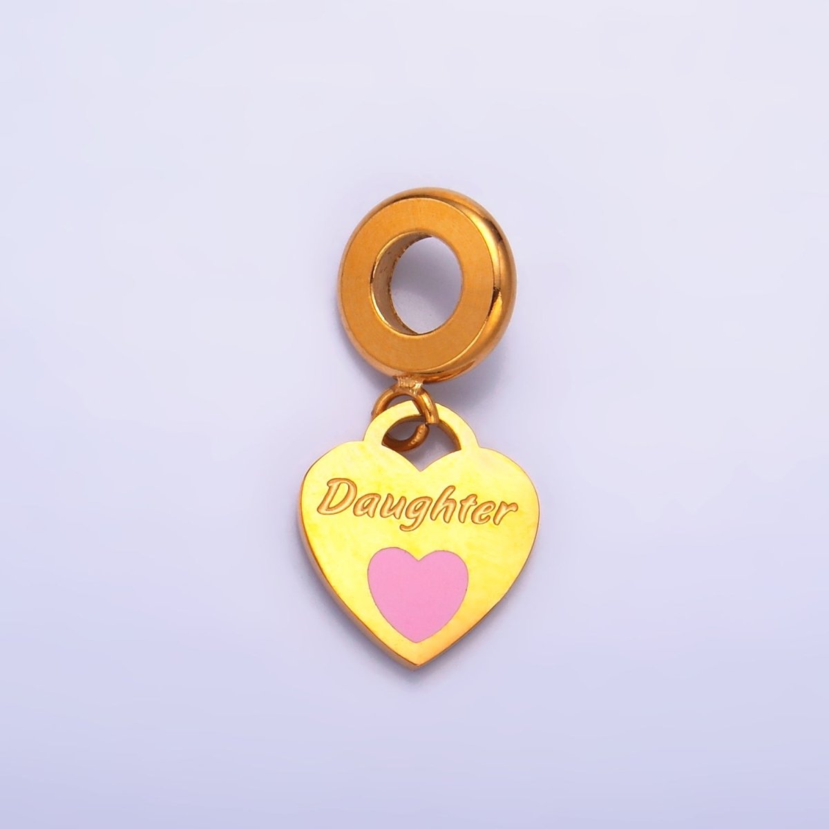 Stainless Steel "Daughter" Script Enamel Heart Padlock Rhondelle Drop Charm | P751 - DLUXCA
