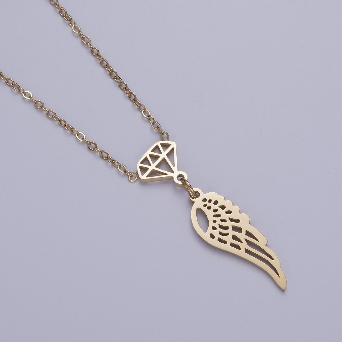 Stainless Steel Diamond Angel Wings Open Charm 17 Inch Cable Chain Necklace | WA-2087 Clearance Pricing - DLUXCA