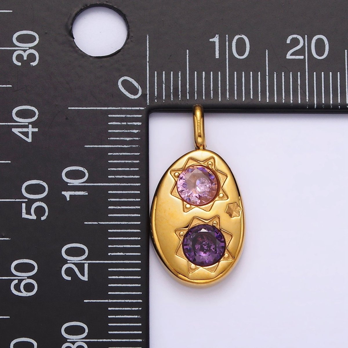 Stainless Steel Double Celestial Sun Purple Pink CZ Oval Pendant in Gold & Silver | P-671 P-672