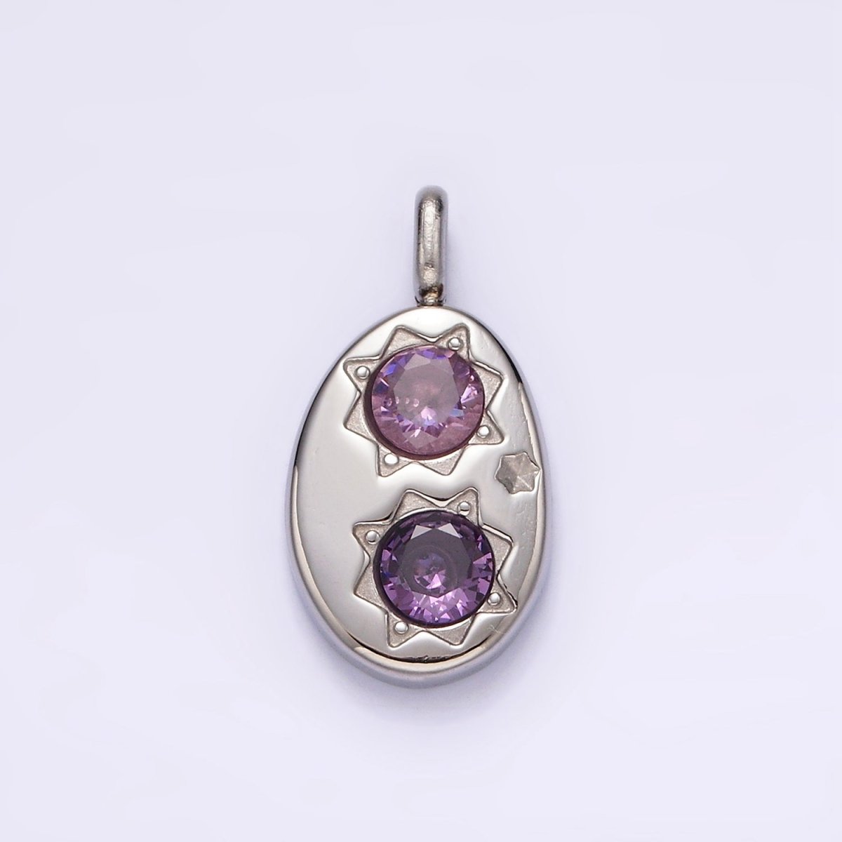 Stainless Steel Double Celestial Sun Purple Pink CZ Oval Pendant in Gold & Silver | P-671 P-672