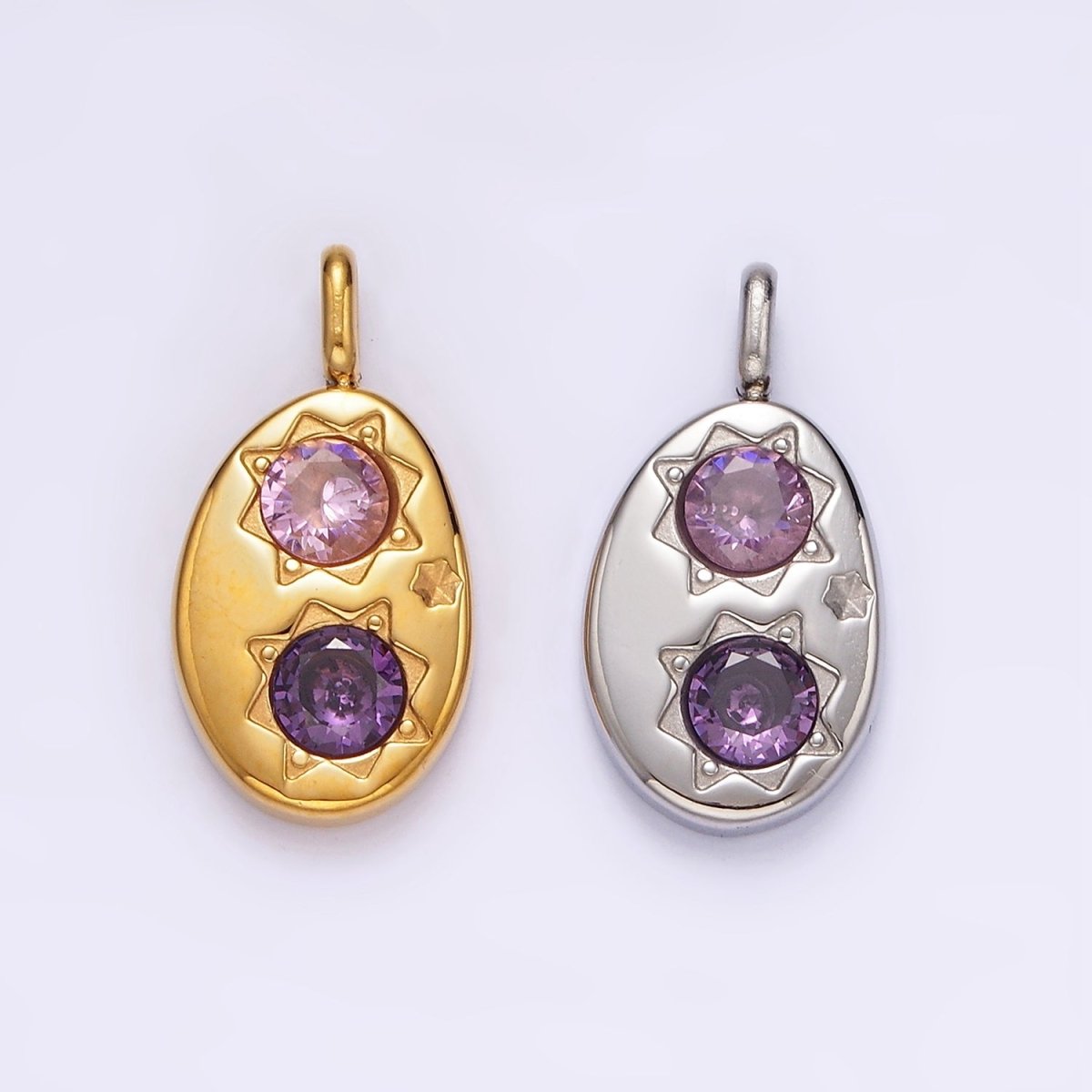 Stainless Steel Double Celestial Sun Purple Pink CZ Oval Pendant in Gold & Silver | P-671 P-672