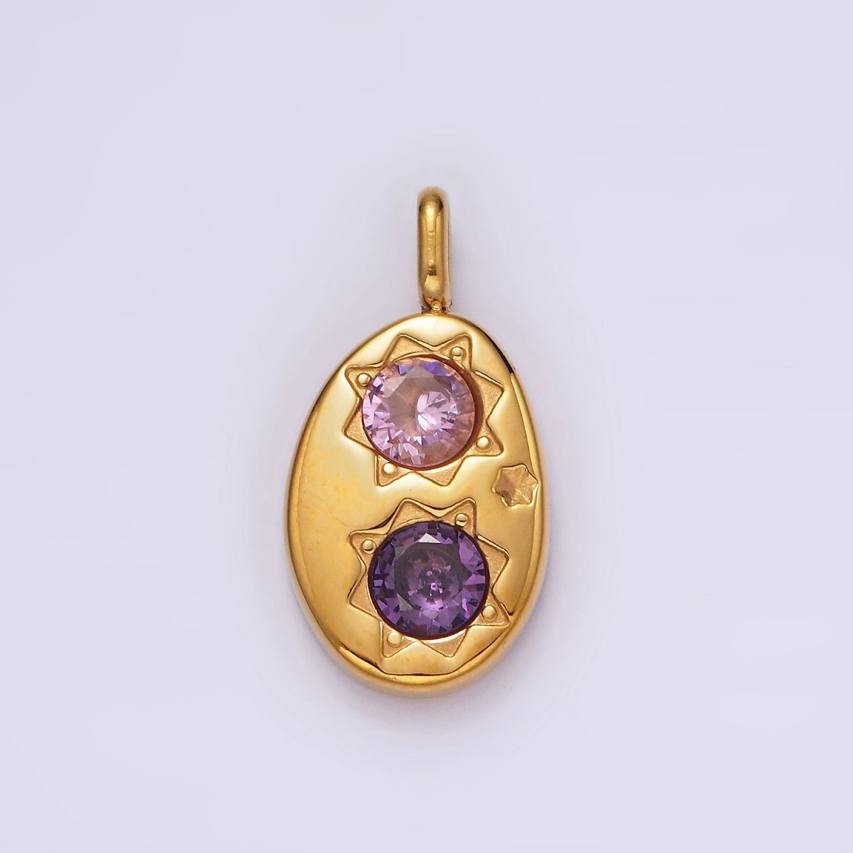 Stainless Steel Double Celestial Sun Purple Pink CZ Oval Pendant in Gold & Silver | P-671 P-672
