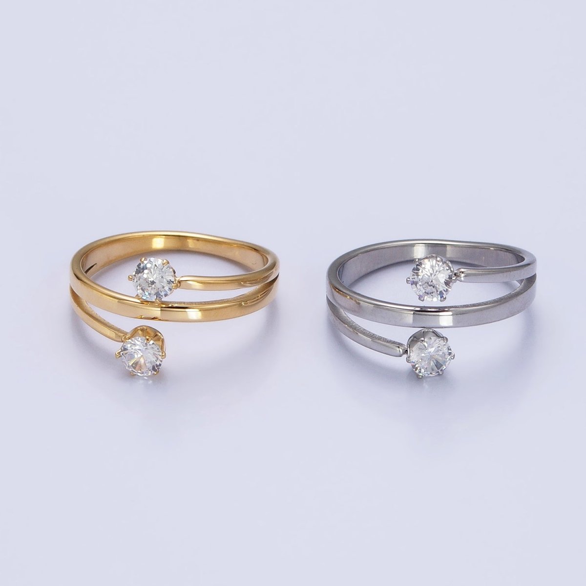 Stainless Steel Double Clear Round CZ Claw Band Ring in Gold & Silver | O-1641~O-1648