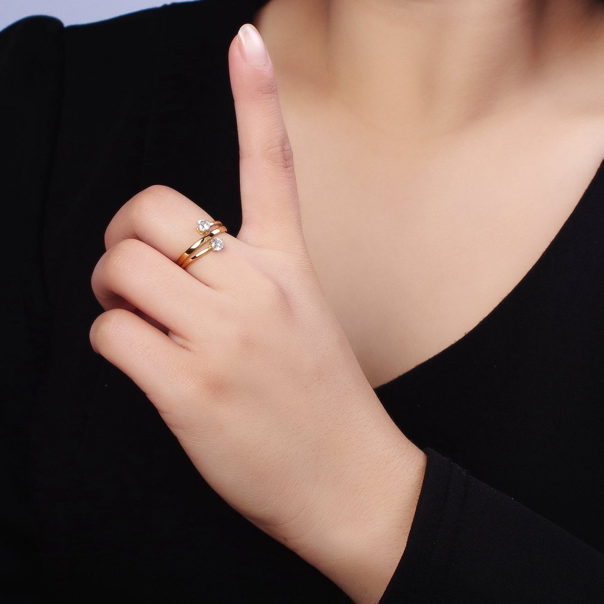 Stainless Steel Double Clear Round CZ Claw Band Ring in Gold & Silver | O-1641~O-1648