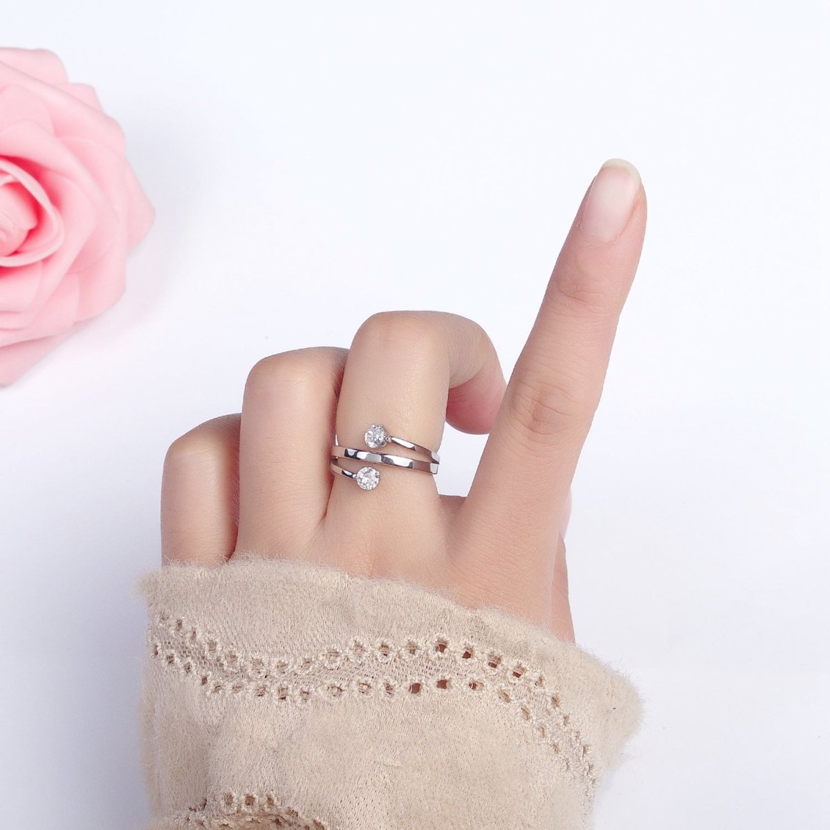 Stainless Steel Double Clear Round CZ Claw Band Ring in Gold & Silver | O-1641~O-1648