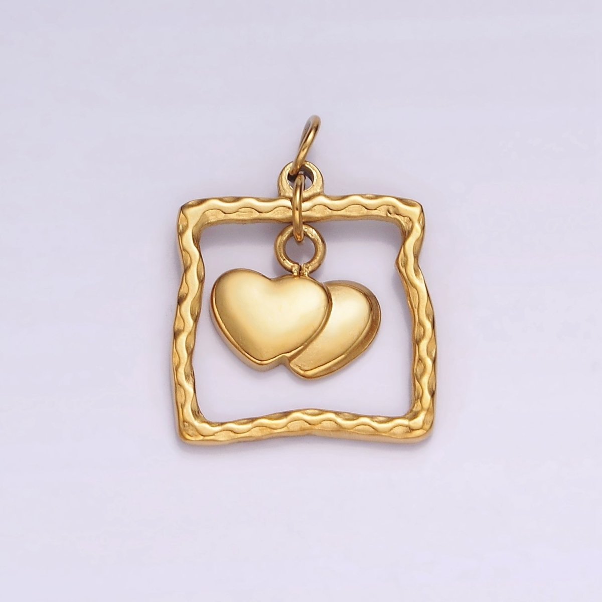 Stainless Steel Double Heart Drop Open Abstract Square Frame Charm | P-664