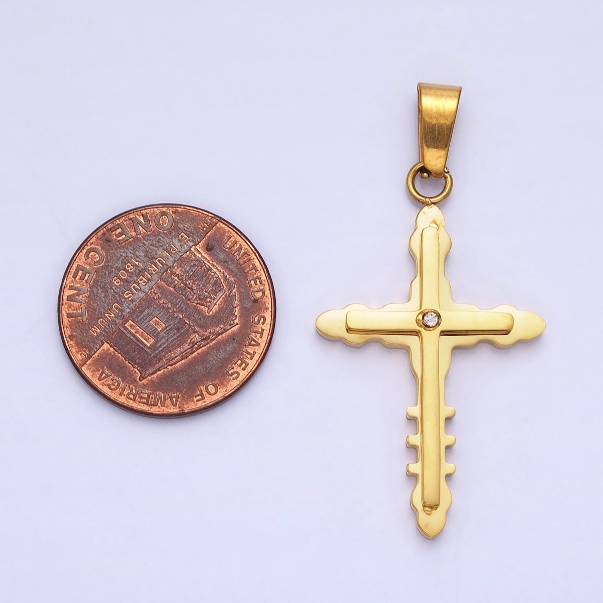 Stainless Steel Double Layer Bubble Religious Latin Cross CZ Pendant in Gold & Silver | P-1081