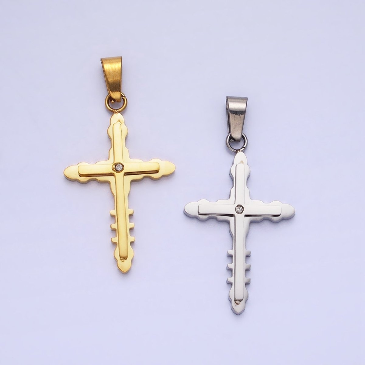 Stainless Steel Double Layer Bubble Religious Latin Cross CZ Pendant in Gold & Silver | P-1081