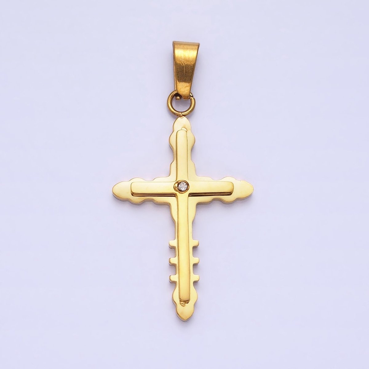 Stainless Steel Double Layer Bubble Religious Latin Cross CZ Pendant in Gold & Silver | P-1081