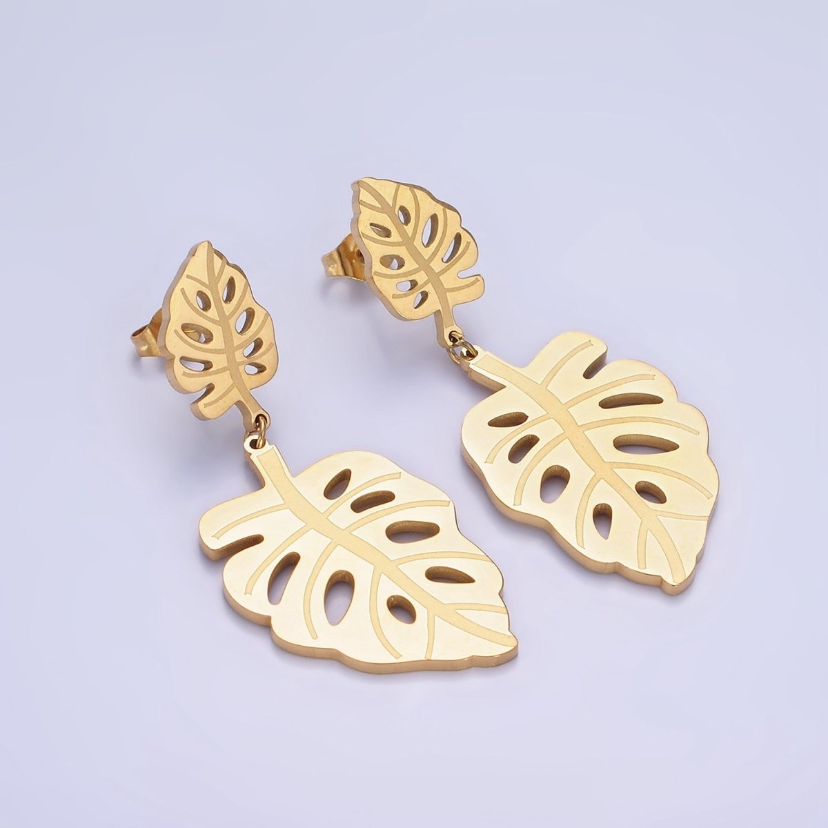 Stainless Steel Double Open Monstera Palm Leaf Nature Drop Stud Earrings in Gold & Silver | AE479 AE480