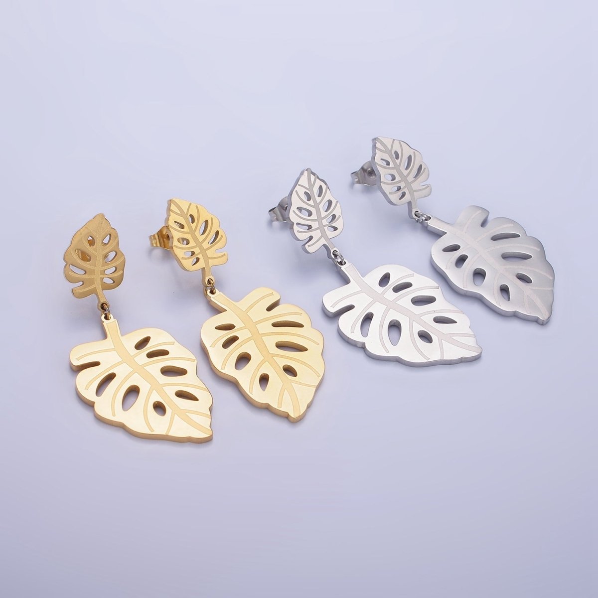 Stainless Steel Double Open Monstera Palm Leaf Nature Drop Stud Earrings in Gold & Silver | AE479 AE480