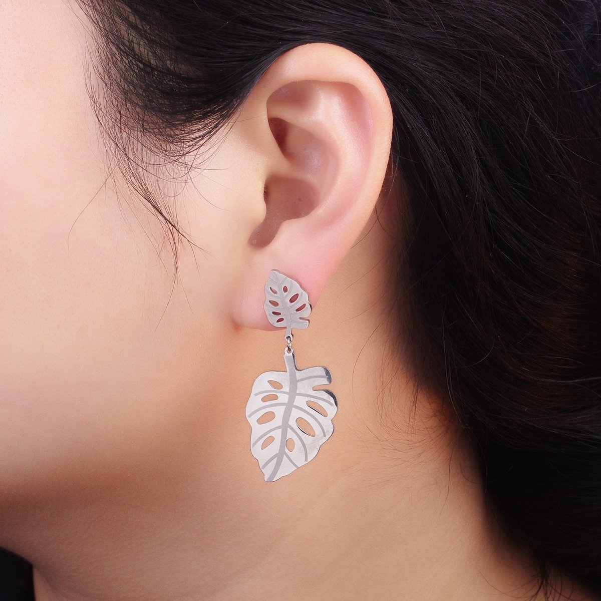 Stainless Steel Double Open Monstera Palm Leaf Nature Drop Stud Earrings in Gold & Silver | AE479 AE480