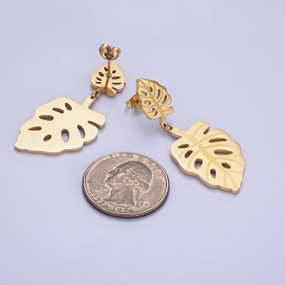Stainless Steel Double Open Monstera Palm Leaf Nature Drop Stud Earrings in Gold & Silver | AE479 AE480