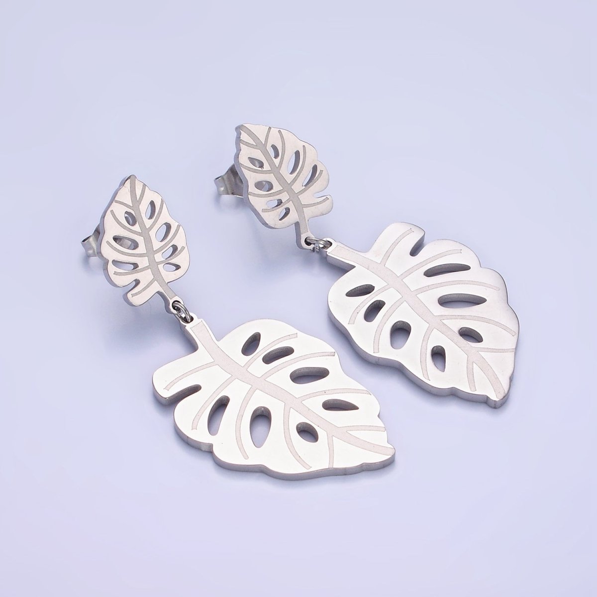Stainless Steel Double Open Monstera Palm Leaf Nature Drop Stud Earrings in Gold & Silver | AE479 AE480