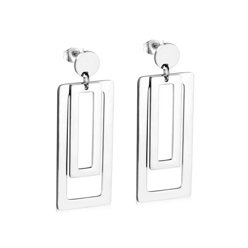 Stainless Steel Double Rectangular Drop Dangle Round Stud Earrings in Gold & Silver | AB537 AB672
